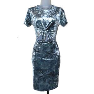 Blue Velvet Short Sleeve Mini Bodycon Dress Front Tie Cutout Stretchy Size Small
